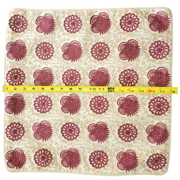 World Market Pillow Cover Boho Floral Maroon Tan 18" Square Crochet Embroidered - Picture 8 of 9